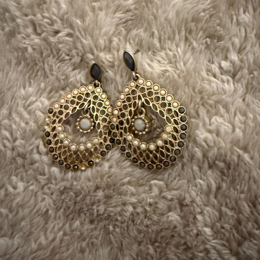 Gold Filigree Teardrop Statement Earrings with Ivory Accents